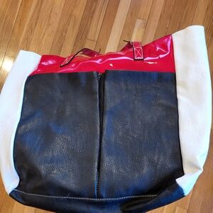 Colorblock Patent & Faux Leather Tote in Black, White & Red